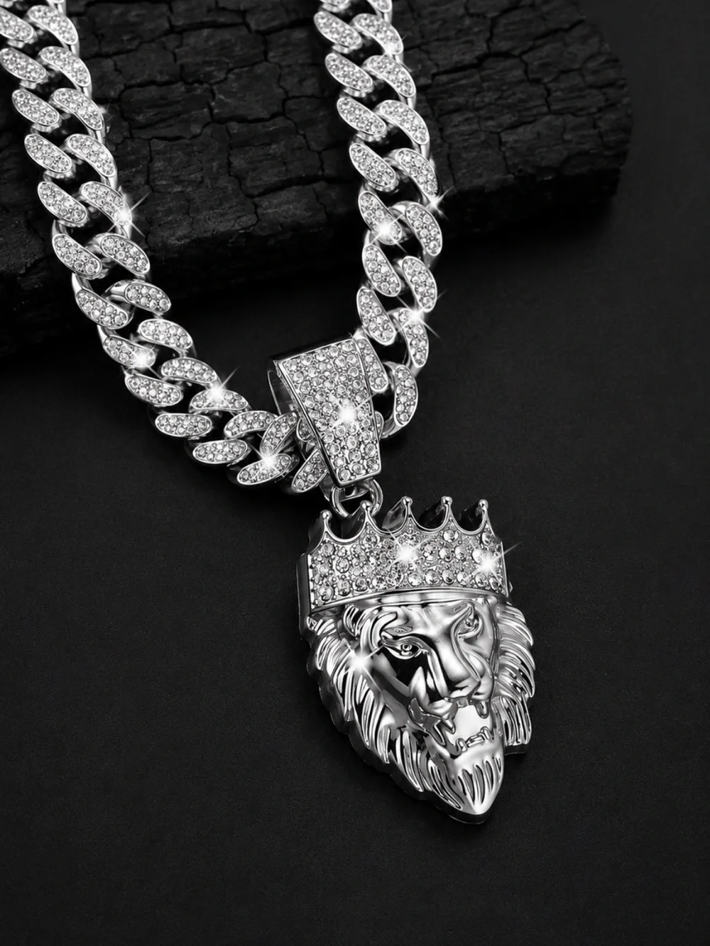 Silver Iced Out Lion Pendant Necklace Simulated Diamond 20” Miami Cuban Chain